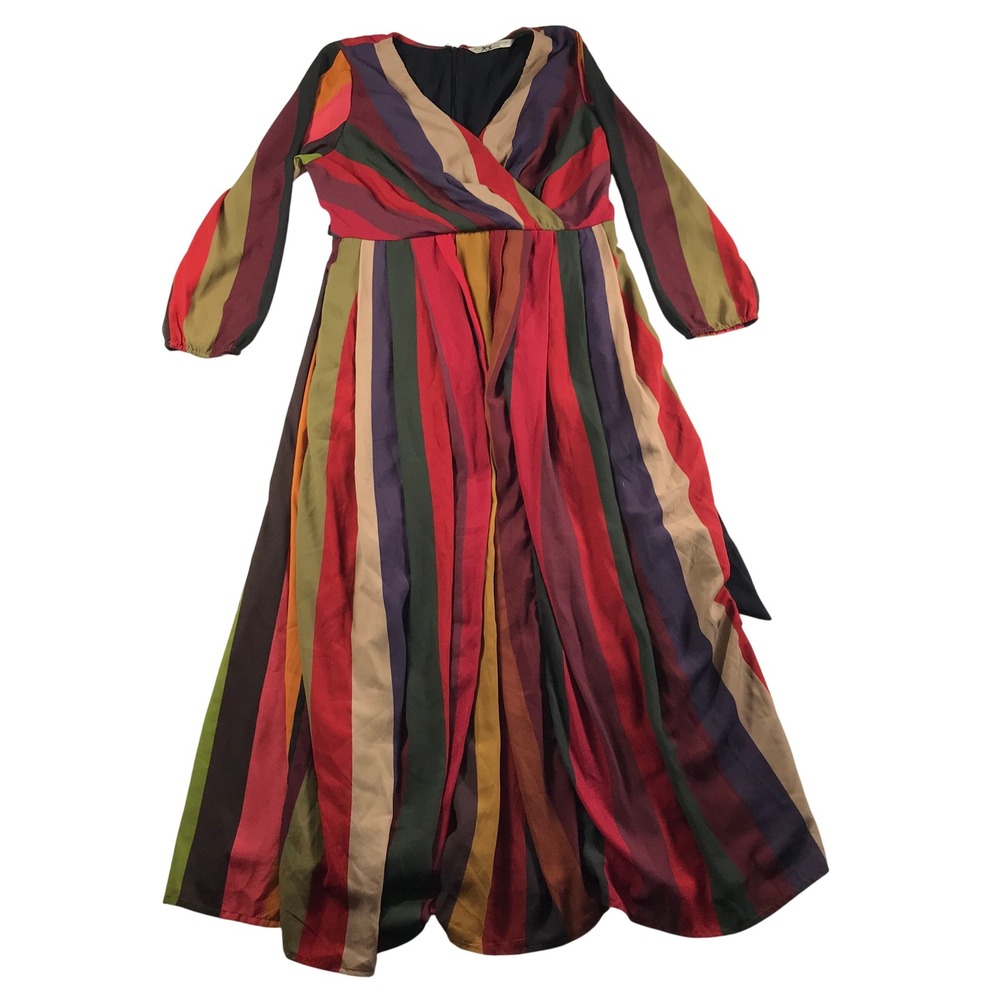 Wayward Fancies eShakti Multicolor Stripe V-Neck Maxi Dress 1X-16W Long Sleeve